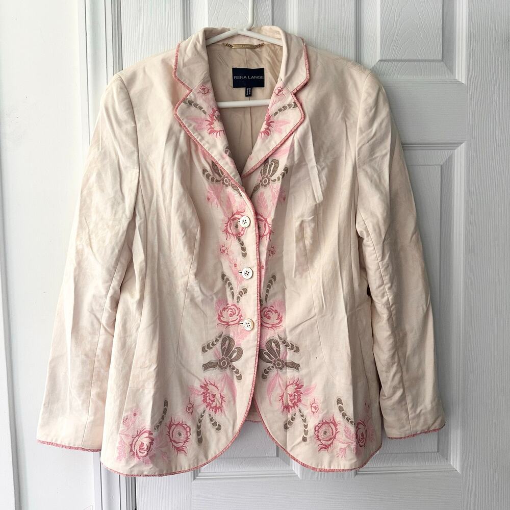 Rena Lange Beige Jacquard Animal Print Pink Floral Embroidery Button Blazer 16